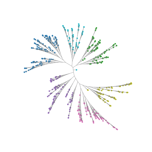 Equal-daylight layout of a 512-cell unbalanced tree, leaves coloured by six clusters